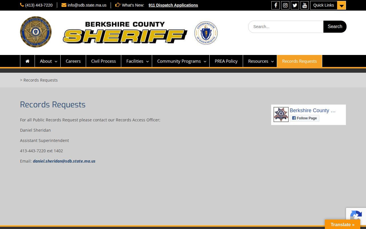 Berkshire County booking photograph public records request route
