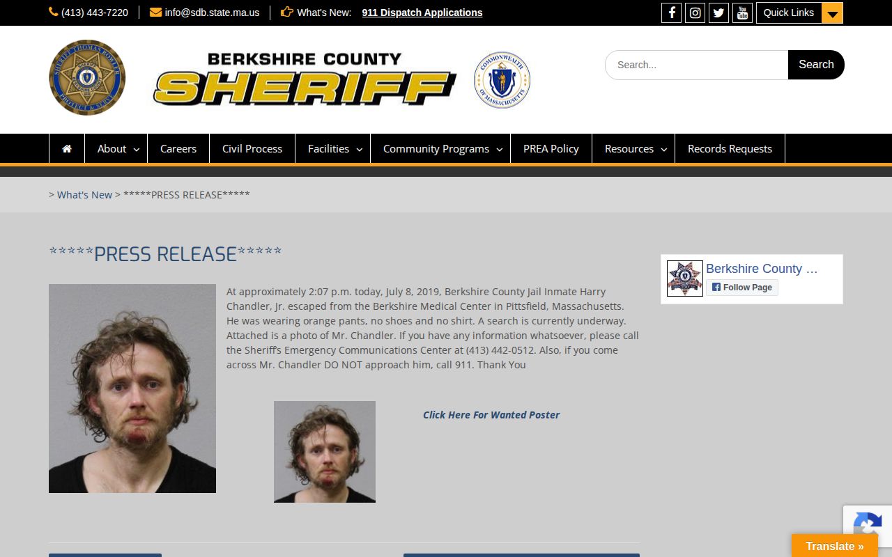 Berkshire County Sheriff's Office wanted alert record